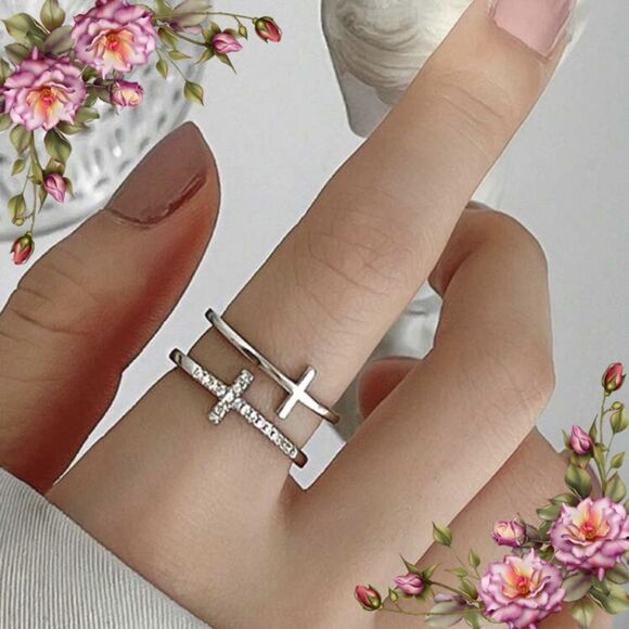 Minimalist Elegant Double-Layer Cross Open Ring - Picture 1 of 11